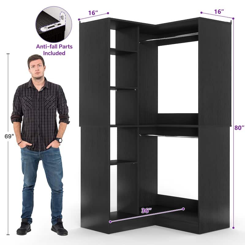 Qvella 36" Corner Closet System with 2 Hanging Rods and Hutches, Freestanding Corner Wardrobe Rack with Adjustable Shelves