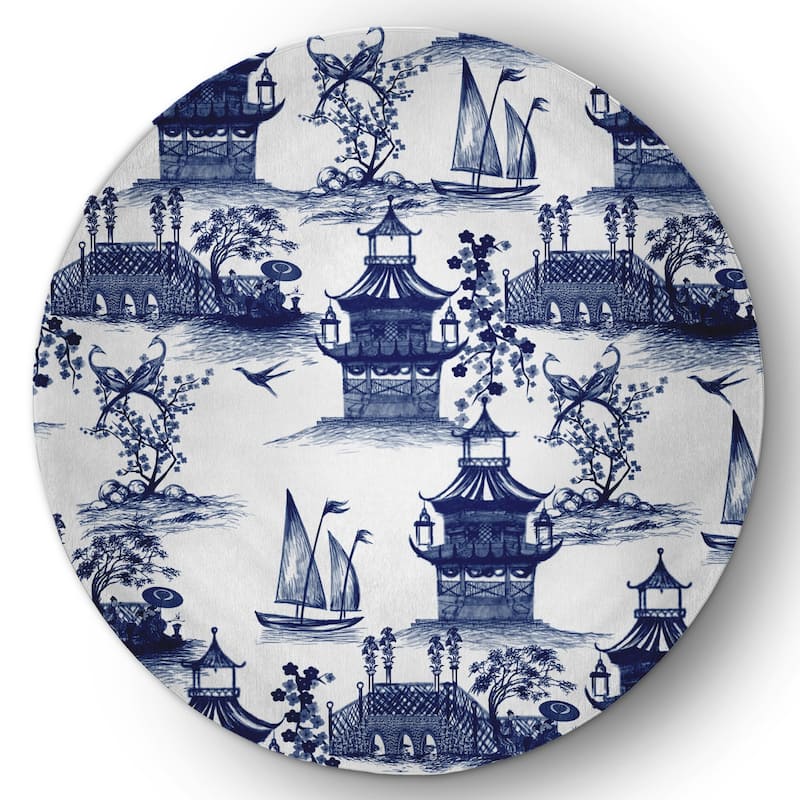 China Old Oriental Chenille Area Rug - Porcelain Blue - 5' Round