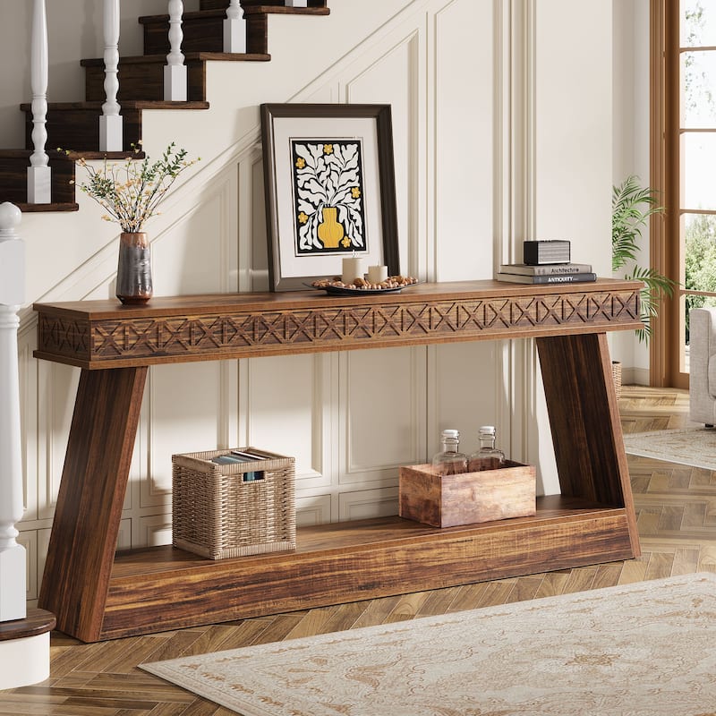 70.8-Inch Extra Long Console Table with Storage Shelf, 2-Tier Farmhouse Entryway Table - 70.87" L x 11.81" W x 31.5" H