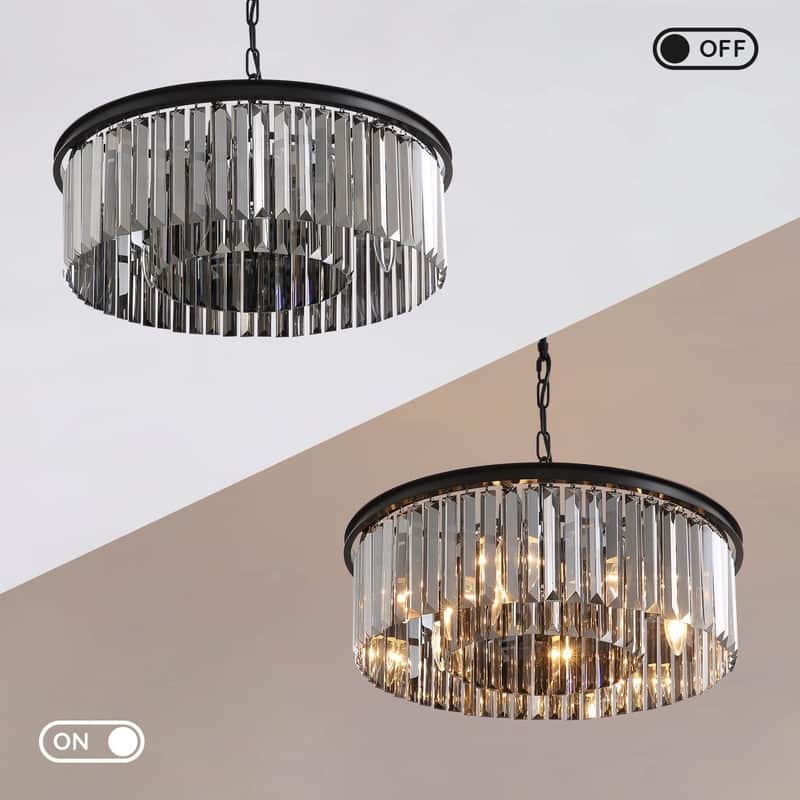 22-inch Smoky Gray Round Chandelier 2-Tier Modern Crystal Chandelier Kitchen Island Pendant Light for Dining Room Bedroom