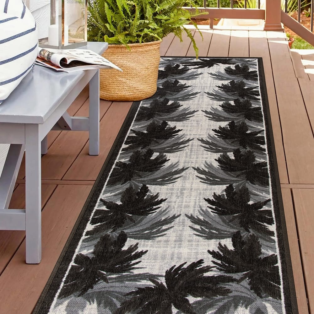 Tropical Floral Border Flatweave Indoor/Outdoor Area Rug