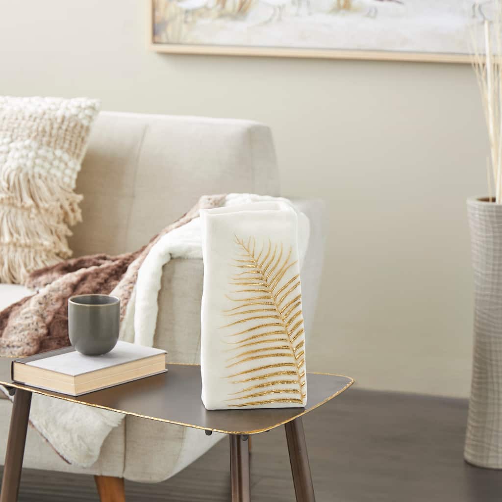 White Polystone Vase with Gold Leaf Imprint