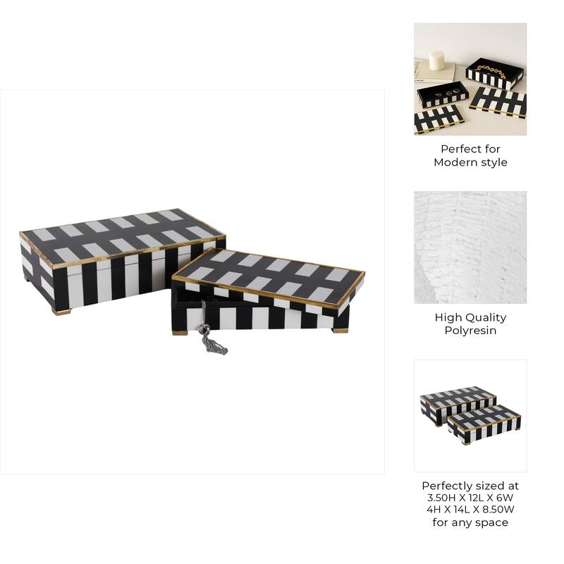 Resin Decorative Boxes with Stripe (Set of 2) - 4" & 3" Black, White - 14" x 8.5" x 4"