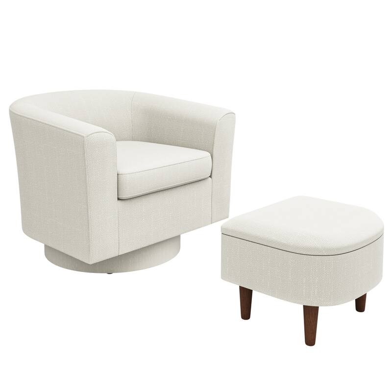 Swivel Barrel Chair & Ottoman with Storage - Upholstered Accent Chair for Living Room Bedroom Office - Beige