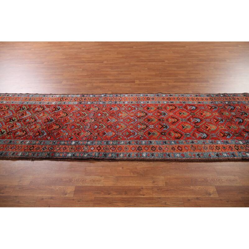 Hand Knotted Oriental 100% Wool Carpet Traditional All-Over Red Heriz Runner Rug - 13' 10'' X 3' 4''