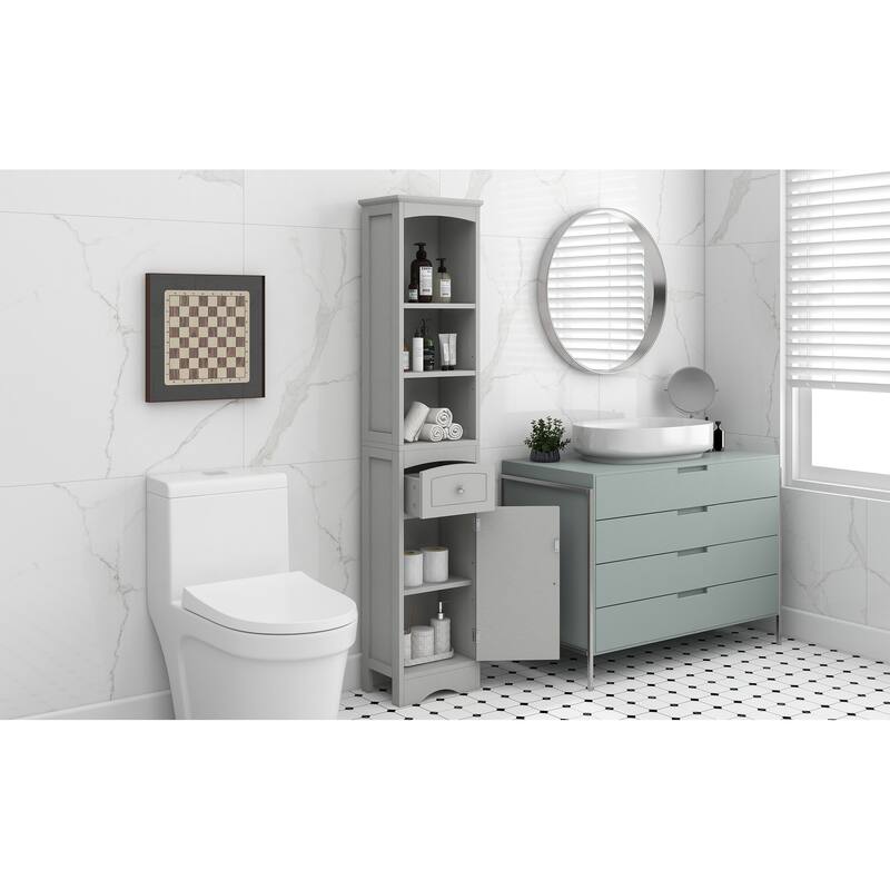 GDFStudio - Tall Bathroom Storage Cabinet, Freestanding with Drawer, Adjustable Shelf, MDF