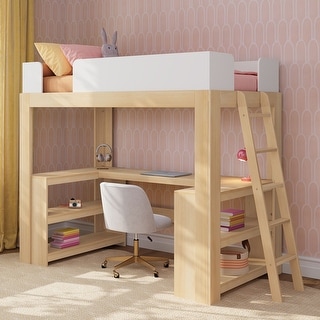 Max and Lily Mid-Century Modern Twin Loft Bed with Wraparound Desk and Shelves