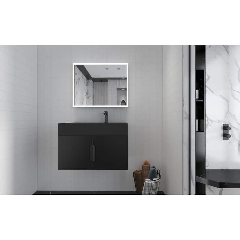 Amazon 30" Wall Mounted Bathroom Right Basin Vanity Set w/ Black Top