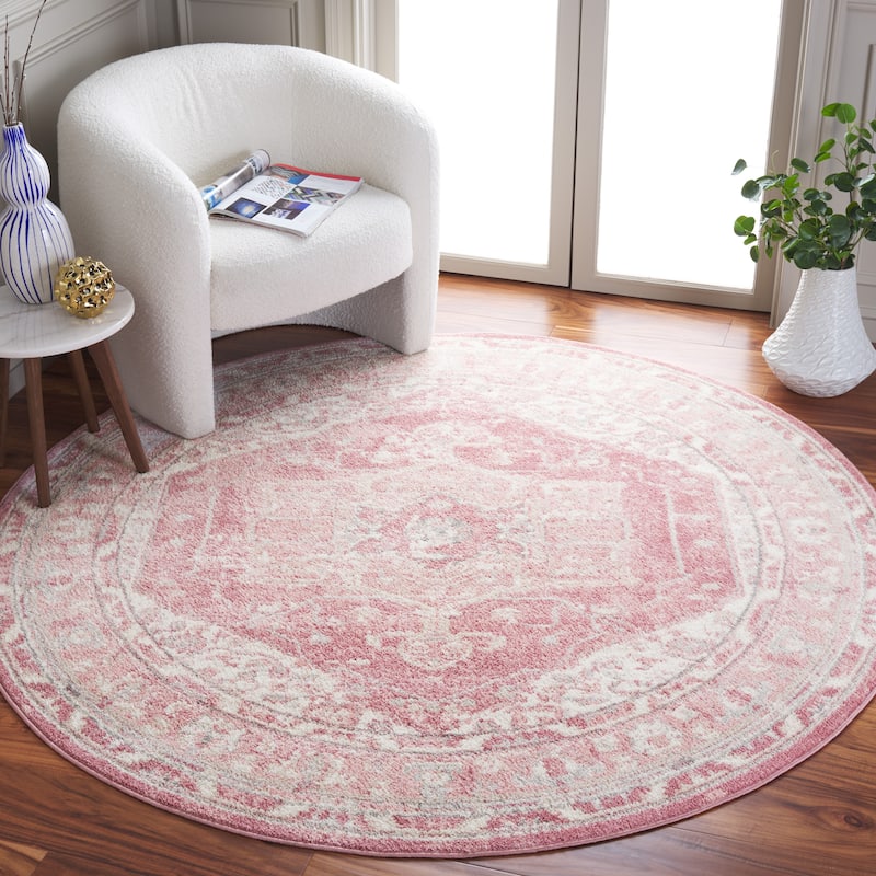 SAFAVIEH Layla Vicky Shabby Chic Farmhouse Rug - 3' Round - Ivory Grey/Pink