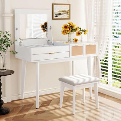 Classic Wood Makeup Vanity Set with Flip-Top Mirror, Stool, and Storage