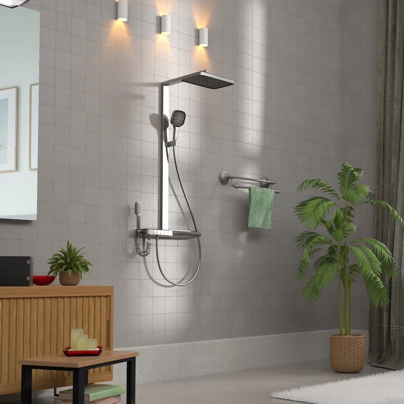 Wall Mounted Digital Display Thermostatic Shower System, 4-function Rain Shower Head - Gun gray