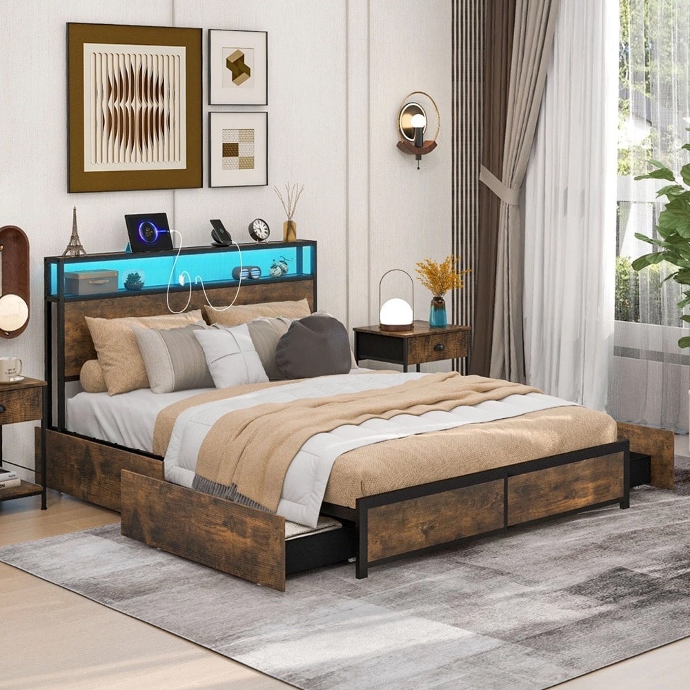 Queen Industrial Platform Bed Frame Storage & LED Lights Headboard