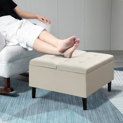 HOMCOM 30" Square Storage Ottoman, Upholstered Ottoman Coffee Table with Lift Top, Button Tufted and Wood Legs, Dark Grey