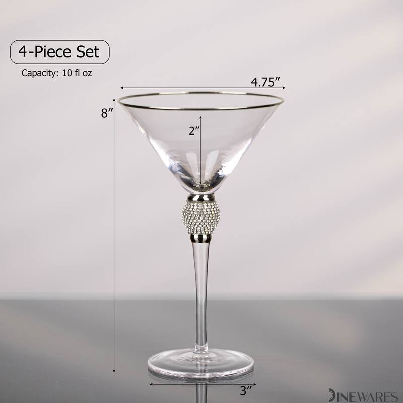 Premium Clear Stem Crystal Martini Glasses with Rim and Diamond-like Rhinestones, Elegant 10oz Glassware Set for Cosmopolitan
