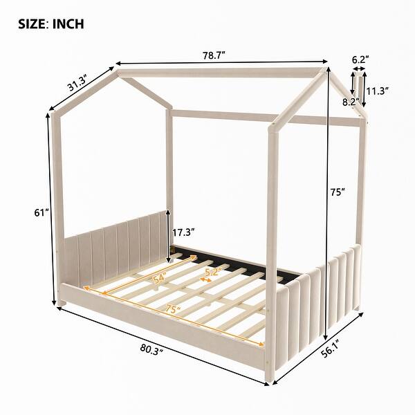 dimension image slide 0 of 2, Full Size Velvet House Bed with Wooden Frame and Velvet Protection Roof