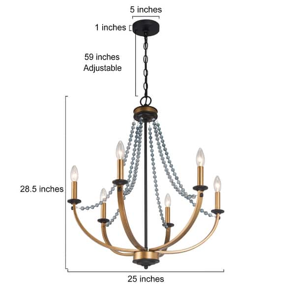 Mid-century Modern 6-Light Empire Crystal Beaded Chandelier Black Gold French Country Boho/ Coastal Dining Room Lighting