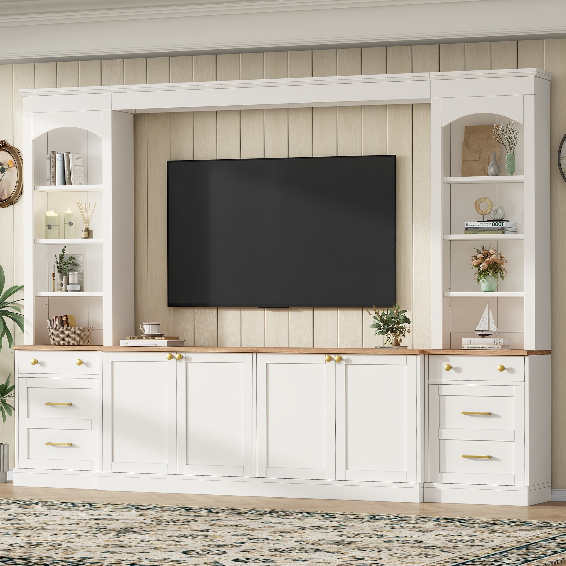 106-Inch Farmhouse Arched Entertainment Center Wall Unit with Bookshelf & TV Stand for TVs Up to 70"