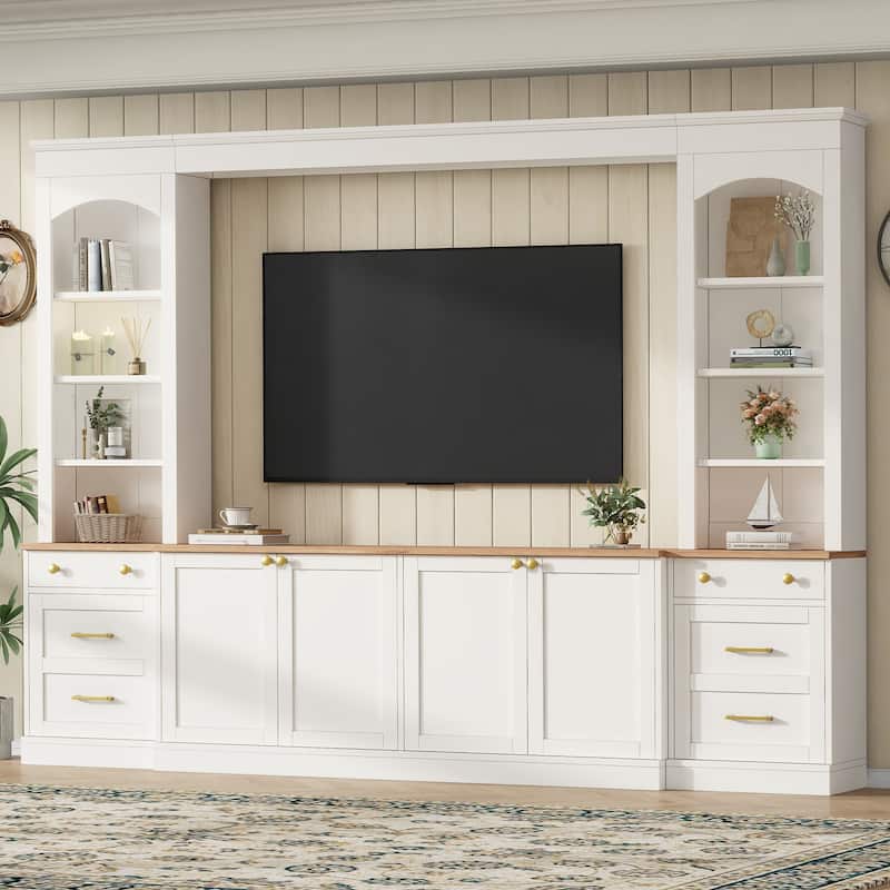 Farmhouse Arched Entertainment Center Wall Unit with Bookshelf,for TVs Up to 70",106"Multi-Functional Media Console with Drawer - White