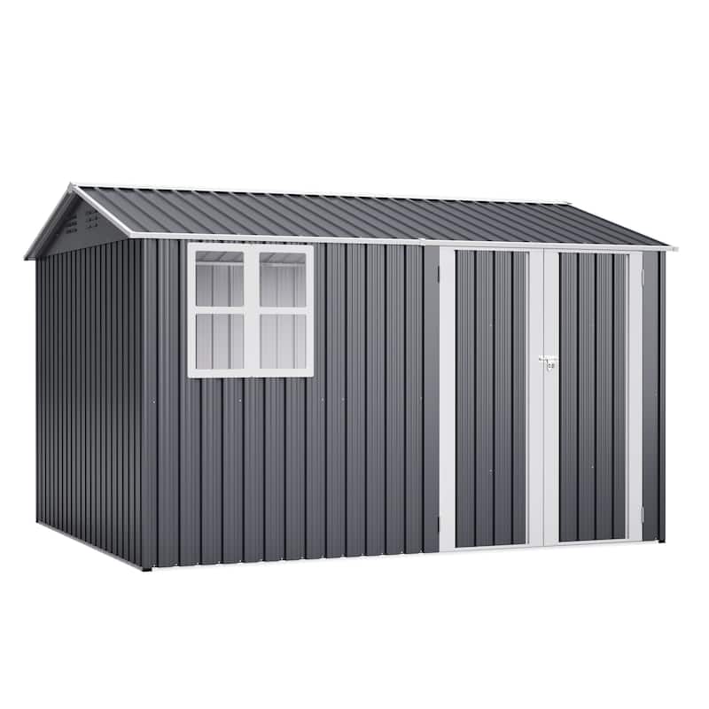 10X8FT Outdoor Steel Storage Shed with Clear Window, Lockable Doors, Weather-Resistant Metal Tool Shed, Gray