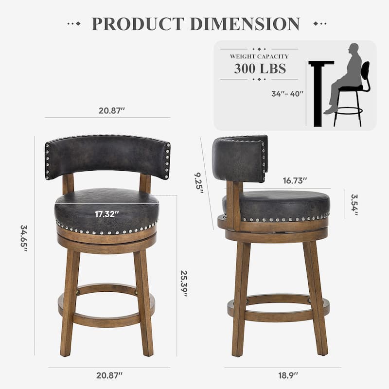 Modern Velvet Swivel Bar Stool - 25" or 30" Counter Height with Adjustable Footrest & Walnut Base, for Kitchen Islands