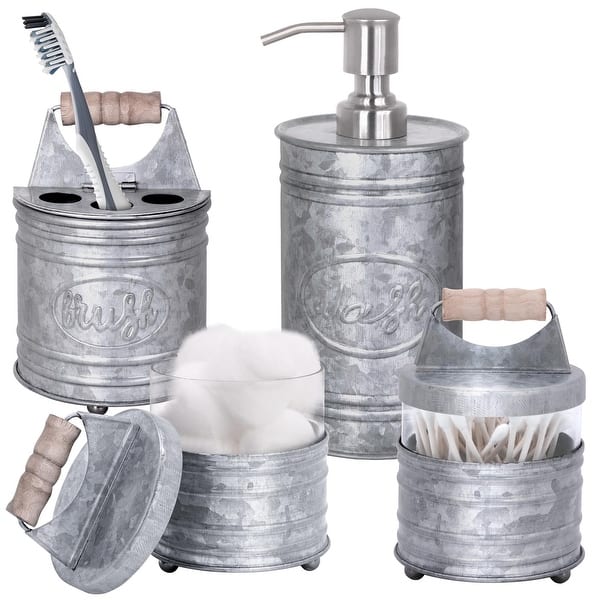 slide 2 of 15, Autumn Alley Bathroom Accessories Set 4 - Galvanized Farmhouse Soap Dispenser, Toothbrush Holder, 2 Apothecary Jars