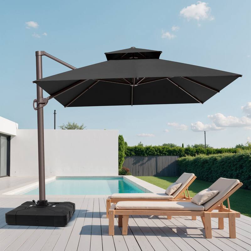 10X12.5 FT Outdoor Dual Top Patio Offset Umbrella 360 degrees Rotation with Base - Black