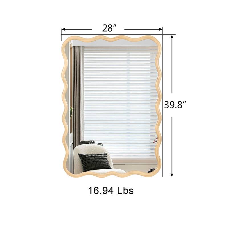 Roomfitters 40" x 28" Solid Wood Wavy Rectangle Mirror, Modern Wall Decor for Bathroom & Entryway, Natural Woo
