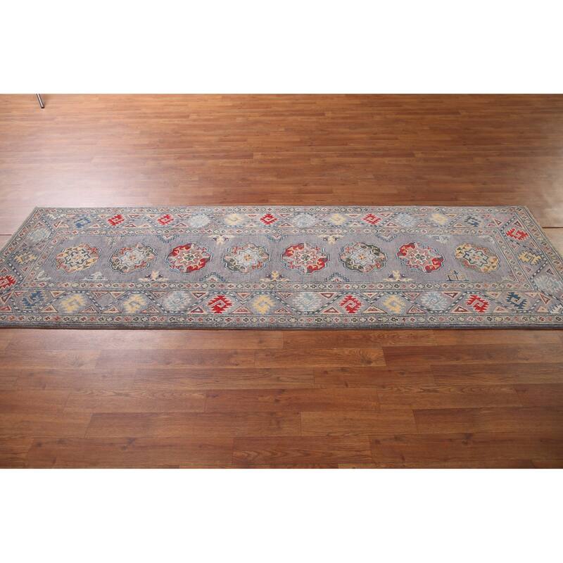 Geometric Gray Kazak Runner Rug Handmade Wool Carpet - 2'8" x 8'3"