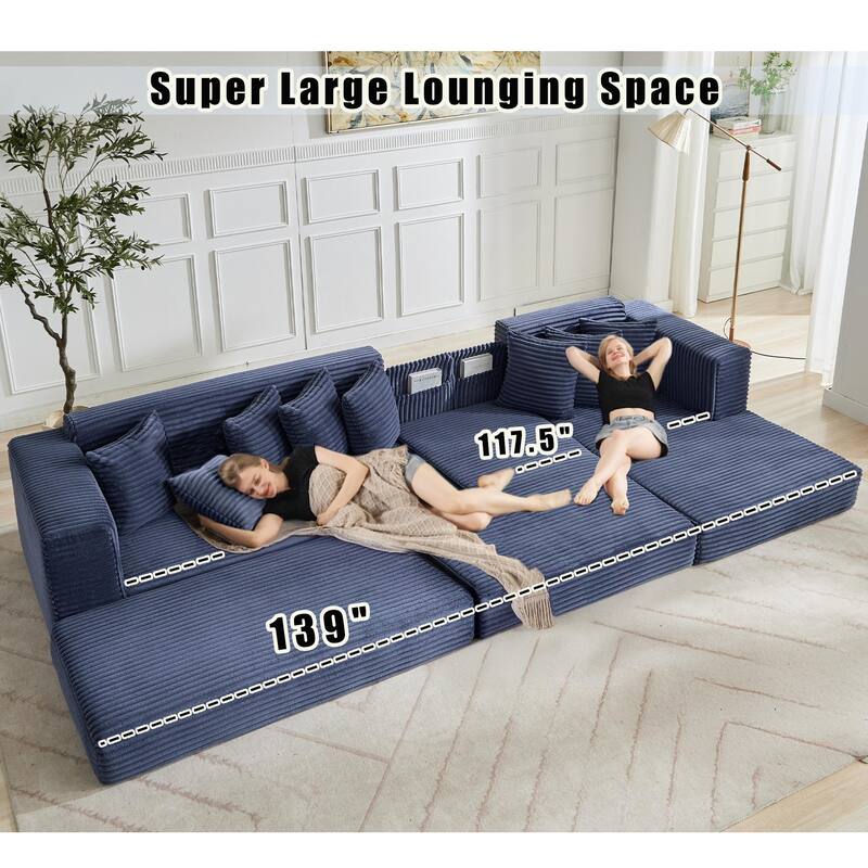 Corduroy L-shaped Chaise Sectional Sofa Convertible Sleeper Sofa Bed