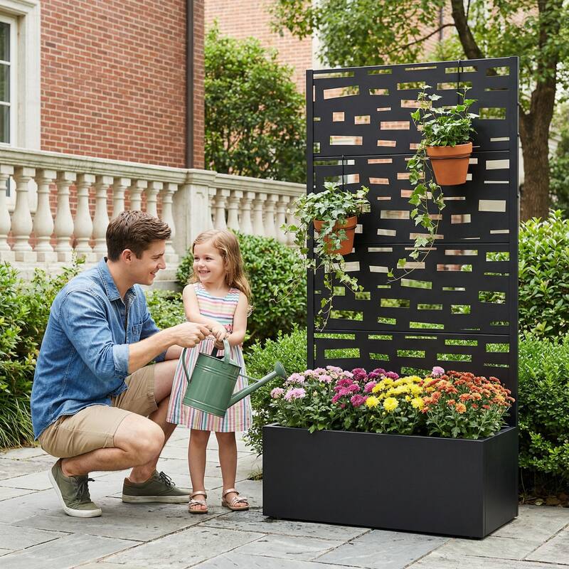 Raised Garden Bed Planter with Trellis Movable Planter Box with Lockable Wheels