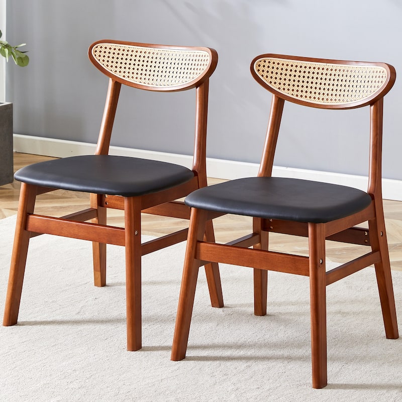 Two stylish and durable solid wood dining chairs with PU cushions - Cherry/Tan