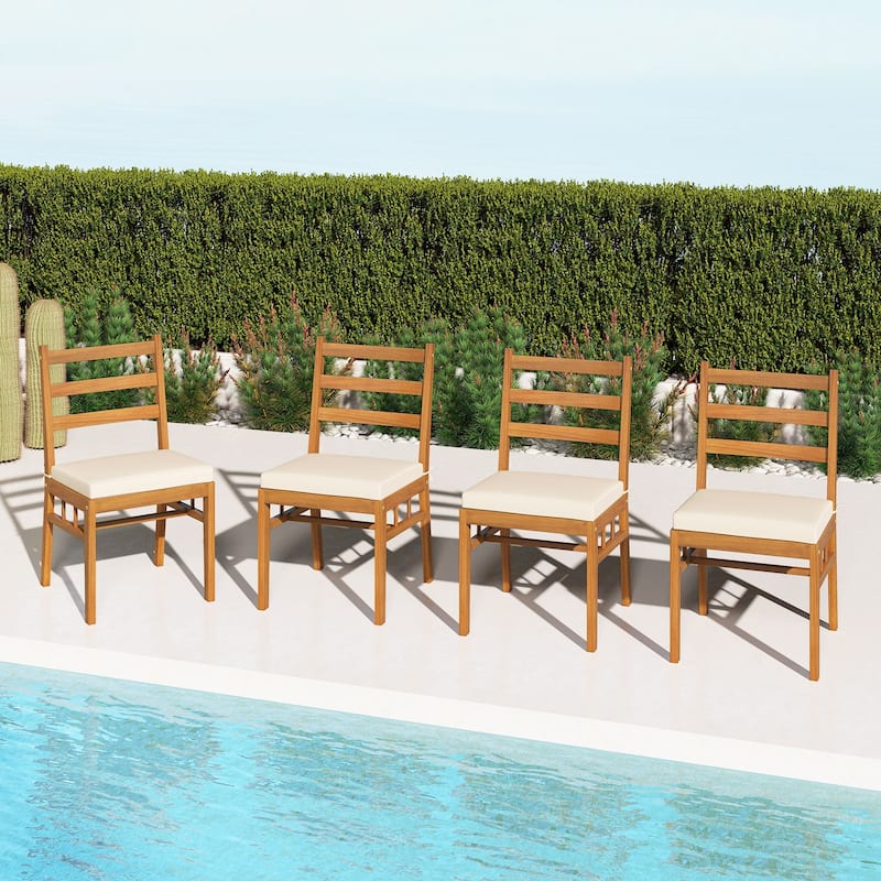 Gymax Solid Acacia Wood Patio Chair Set of 4 w/ Padded Seat Cushions