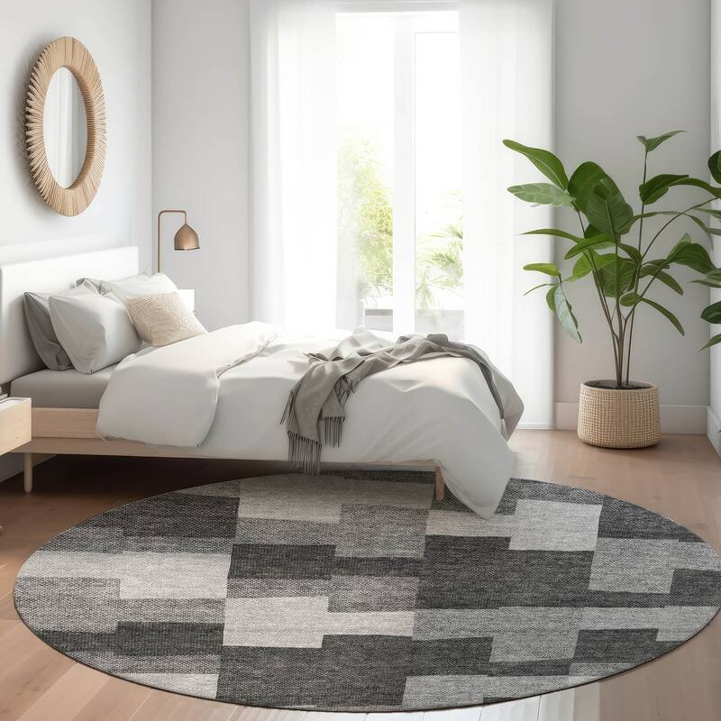 Machine Washable Indoor/ Outdoor Chantille Modern Blocks Rug - Gray - 8' x 8'