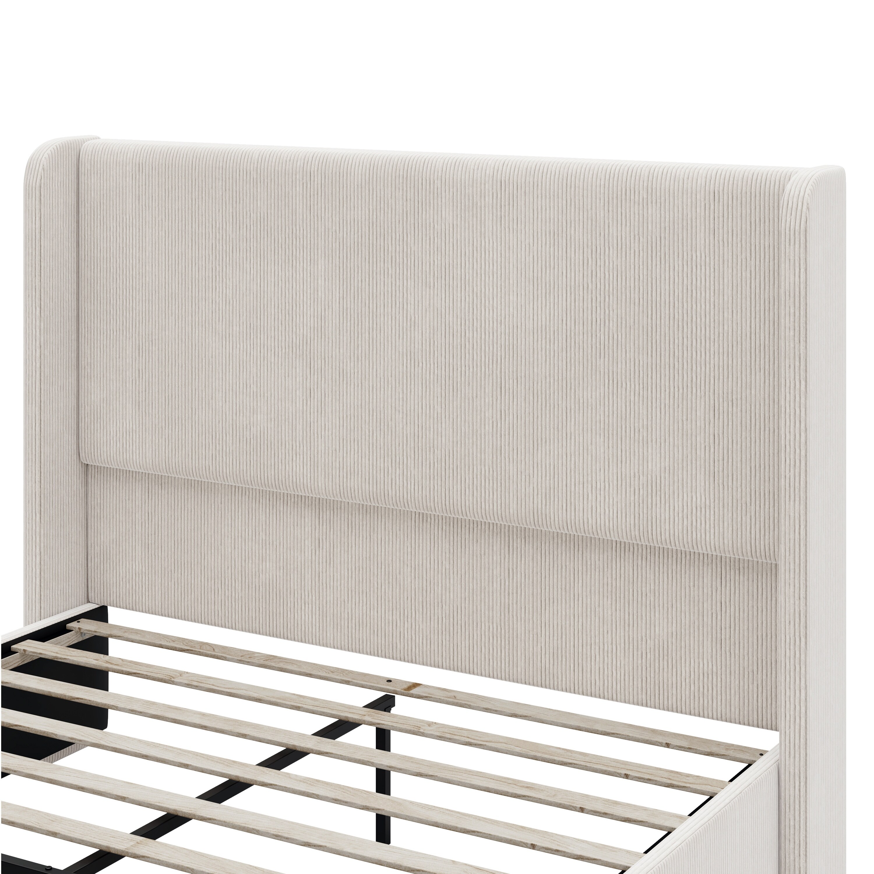 King Size Upholstered Bed with Corduroy Fabric, Wingback Headboard, Metal Frame, and Wooden Slats