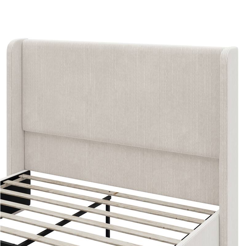 Roomfitters Queen/King Size Upholstered Bed, Corduroy Frame, Wingback Headboard, High Footboard, Light Grey