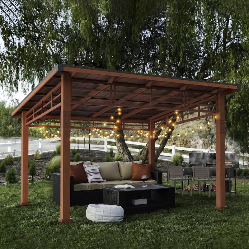 Outdoor Wooden 12x14 Hardtop Pergola Metal Roof Gazebo with Curtain For Backyard