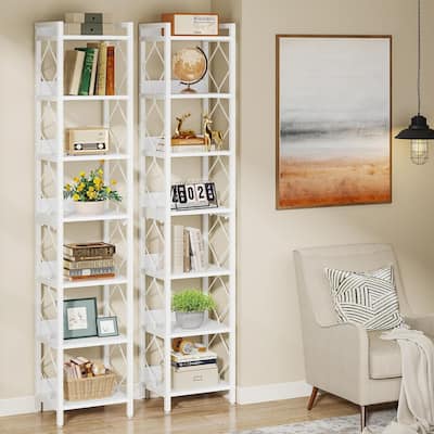 78.7" White Bookshelf, 7 Tier Tall Skinny Bookcase Freestanding Narrow Display Shelves