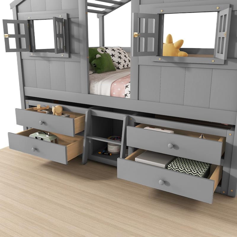 Full House-Themed Loft Bed with Ladder, Roof, Windows, Safety Rails and Storage Drawers for Kids