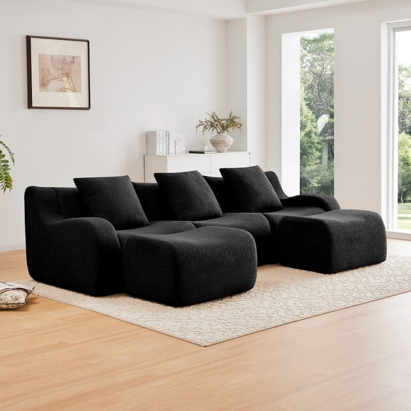 115.3" U-shaped Soft Teddy Fabric Boneless Sectional Sofa for Relaxed