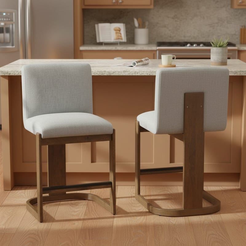Christopher Knight Home - Modern Linen Upholstered Counter Height Bar Stools with Solid Wood Legs & Square Backrest, Set of 2 - Light Grey+Walnut