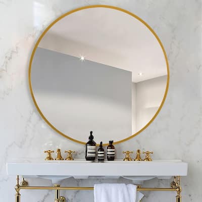 Wall Round Mirror 30'' Modern Brushed Metal Frame Wall-Mounted