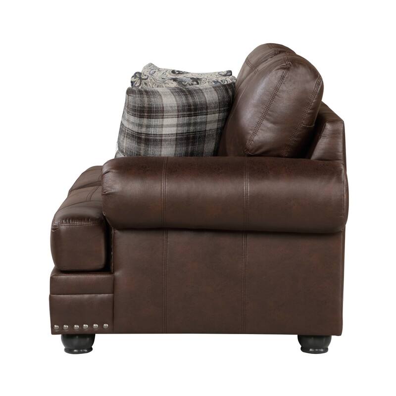 Jade 72 Inch Loveseat, Rich Brown Microfiber, 4 Pillows Soft Cushions, Wood