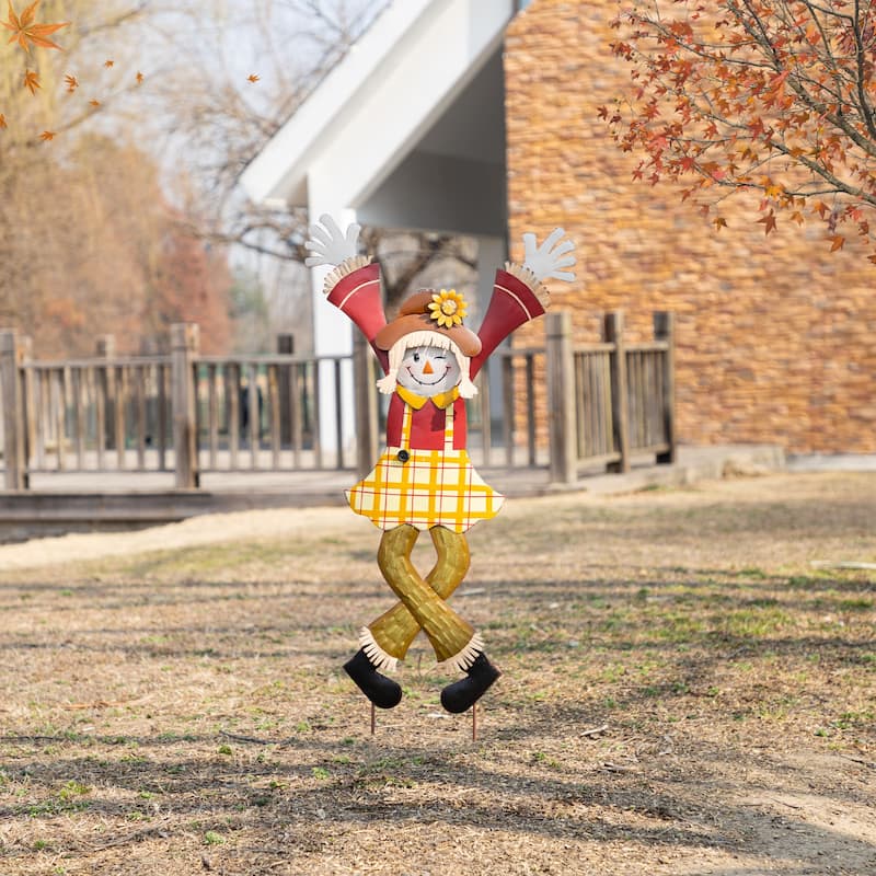 Glitzhome 36"H Set of 2 Fall Metal Cheerful Scarecrow Girl & Boy Yard Stake
