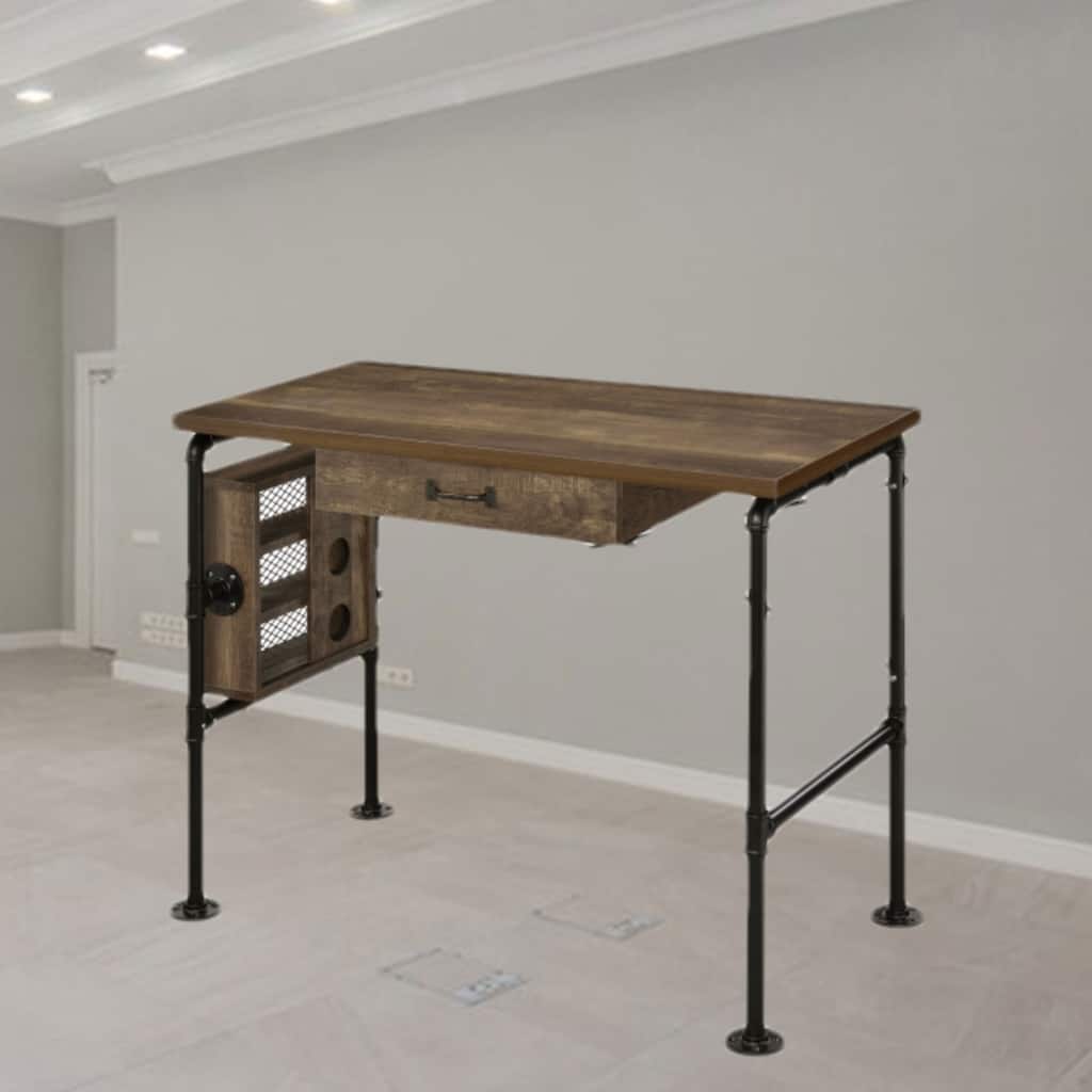 Modern Rectangular Writing Desk with Keyboard Tray, Drawer, and Open Shelves for Office or Study Space