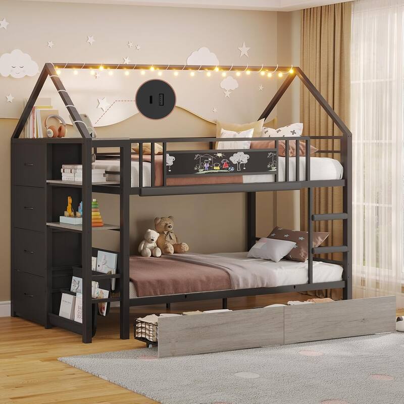 House Low Loft Bed Twin Size Storage Drawers Bookcase LED Lights