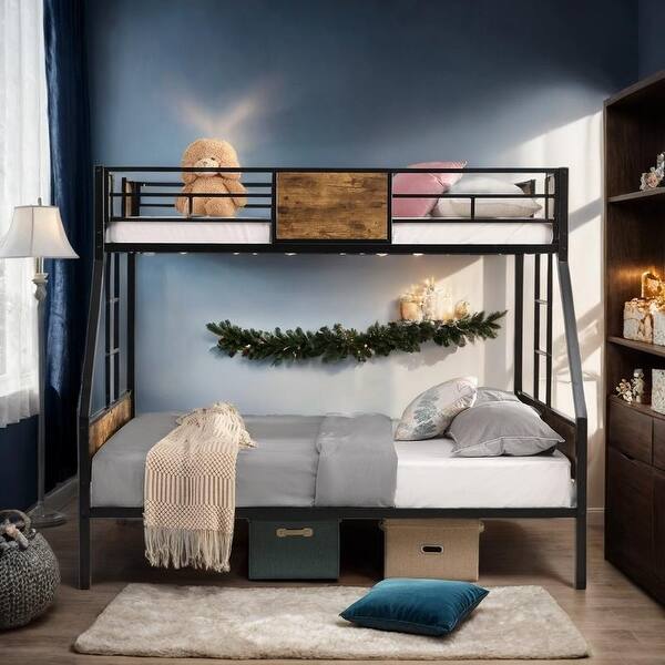 slide 2 of 8, Twin over Full Metal Bunk Bed with 2-Side Ladder, Black & Brown Brown