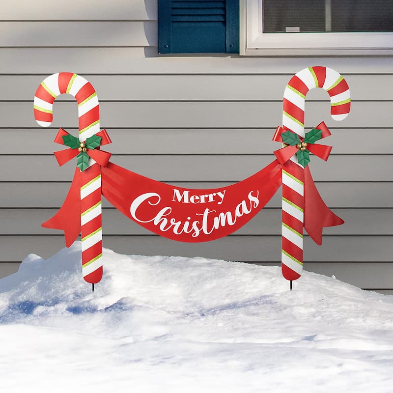 Glitzhome Christmas Metal Dancing Elf Cupcake Candy Cane Yard Stake Wall Decor