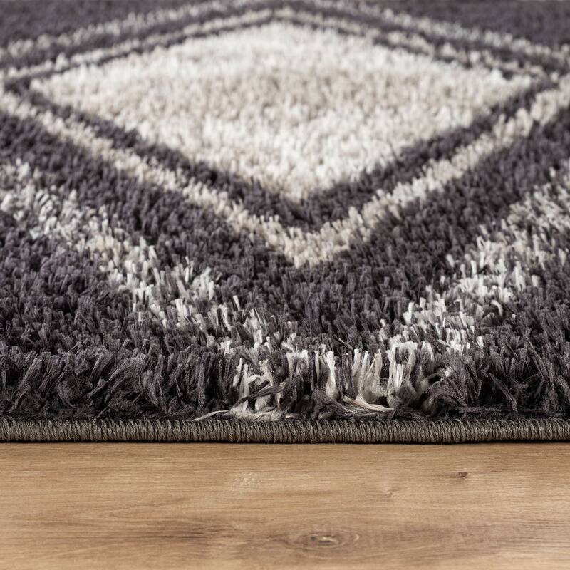 Geometric Grid Shag Rug - Anthracite Dark Gray - Medium Pile - Durable for Living Room, Bedroom, or Entryway