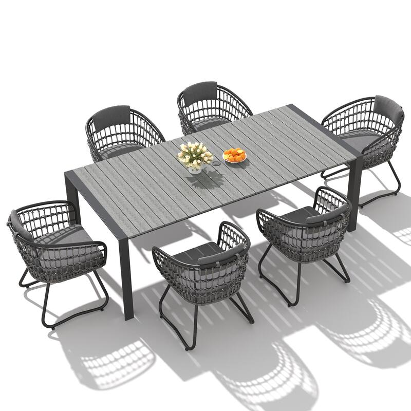 7/9-Piece Outdoor Patio Dining Set Aluminum Dining Table with Umbrella Hole and PE Rattan Chairs
