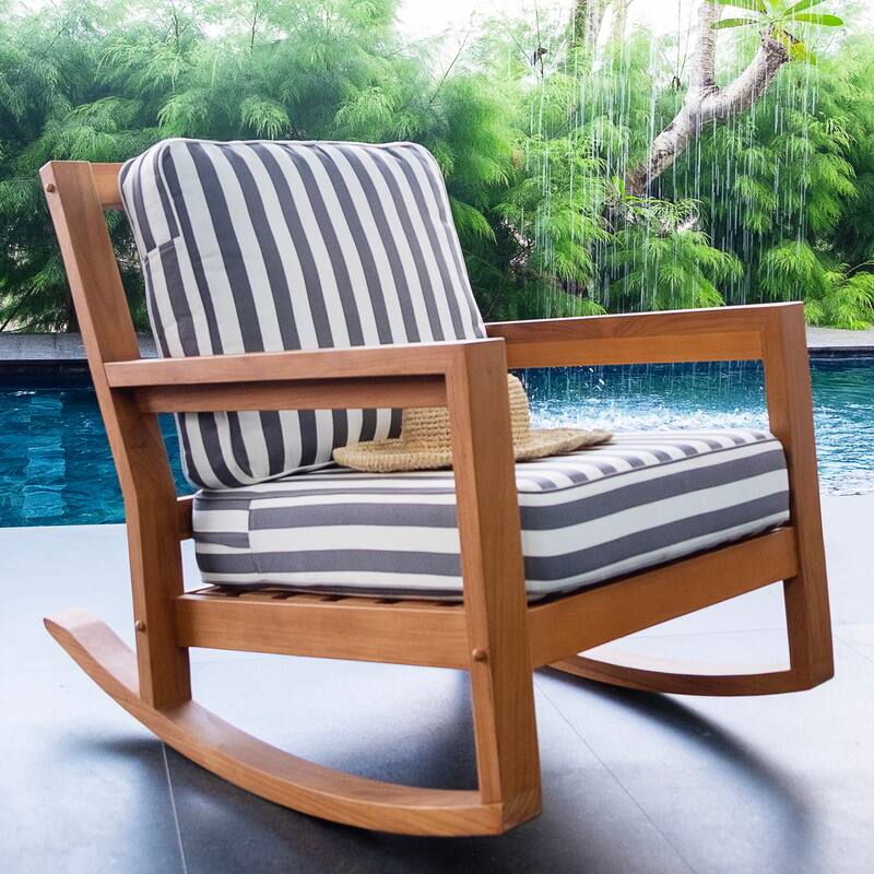 Cambridge Casual Leon Teak Outdoor Rocking Chair - Teak Wood /Charcoal Stripe Cushion